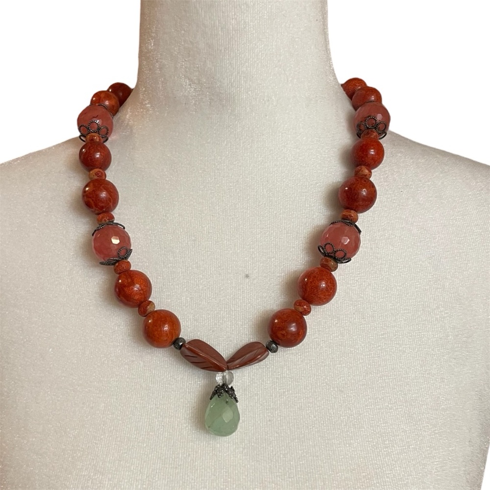 Handmade Vintage Coral, Glass Quartz Jasper and Aventurine Beaded Drop Necklace